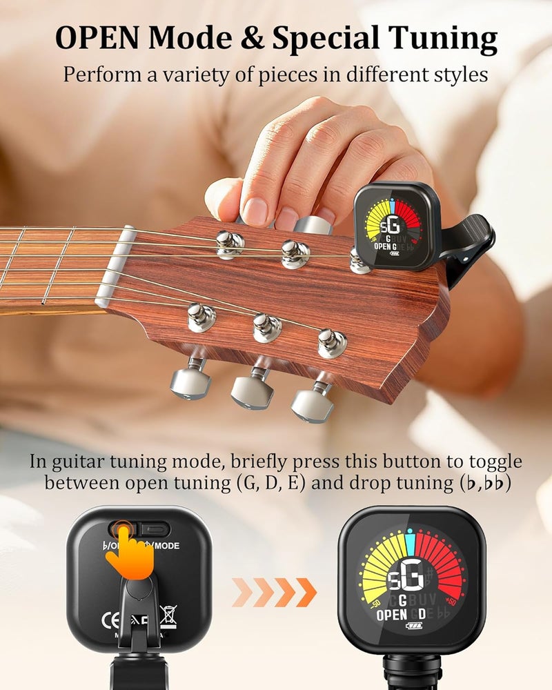 NewBee Guitar Tuner Clip-On Rechargeable with Color Screen 360° Rotatable Acoustic Chromatic Open Tuning for Guitar, Bass, Ukulele, Violin, Cello(Black, 1 Pack) - Image 5